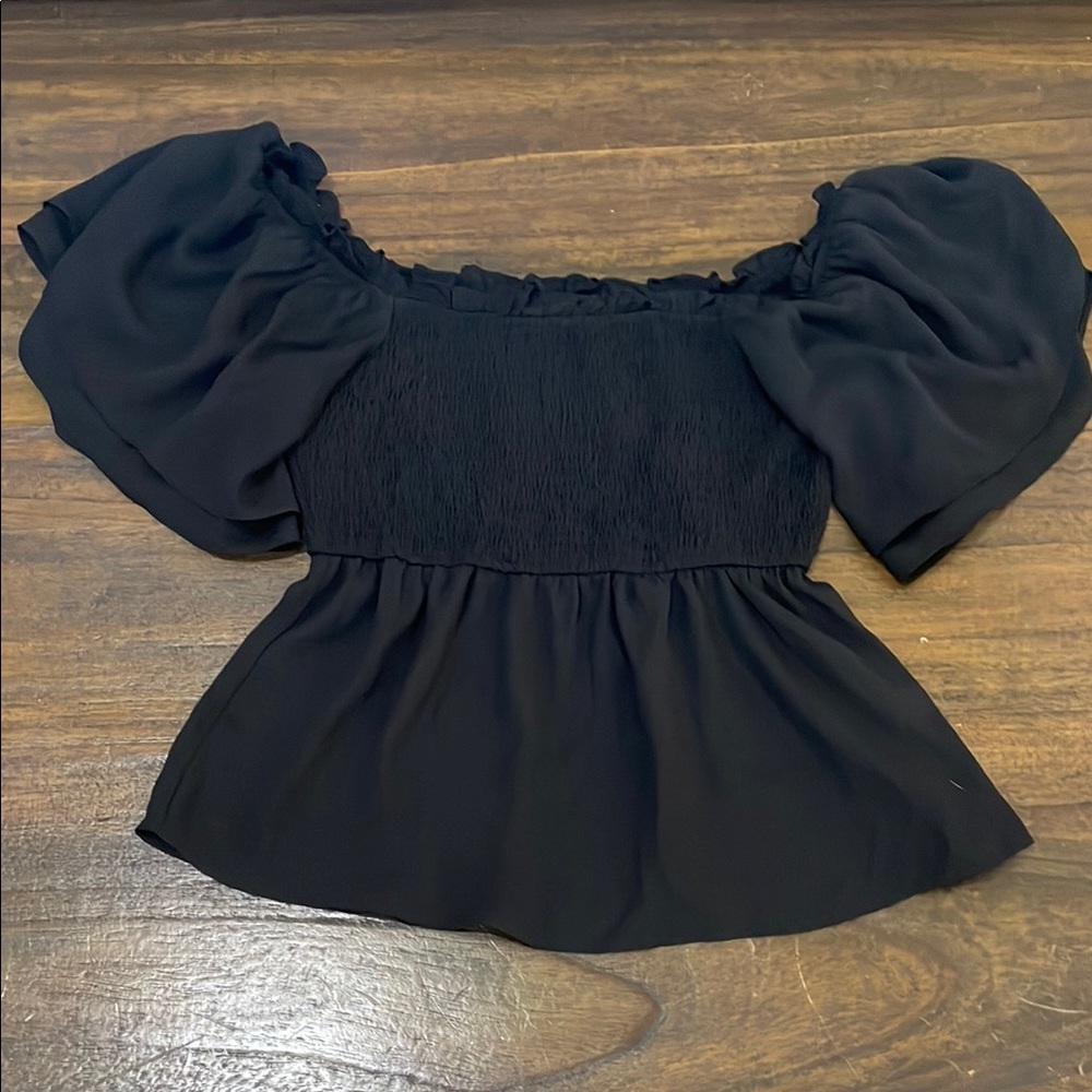 BiBi Black Puff Sleeve Smocked Peplum Blouse